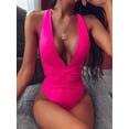 thumbnail image 1 of Hotian Women Plunge V Neck Self Tie One Piece Monokini Swimsuit Hot-Pink M, 1 of 5