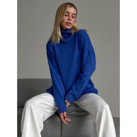 Hotian Women Solid Turtleneck Sweater Casual Long Sleeve Knitted Pullover Sweater Tops with Side Split Royal Blue M