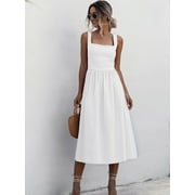 Hotian Women Square Neck Smocked Midi Flare Party Cami Dress White M/US6