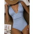 thumbnail image 1 of Hotian Women Stripe One Piece Swimsuit Plunge V Neck One Piece Bathing Suit Deep V-Neck Sexy Swimwear Blue XL, 1 of 7