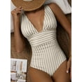 thumbnail image 1 of Hotian Women Stripe One Piece Swimsuit Plunge V Neck One Piece Bathing Suit Deep V-Neck Sexy Swimwear Khaki XL, 1 of 5