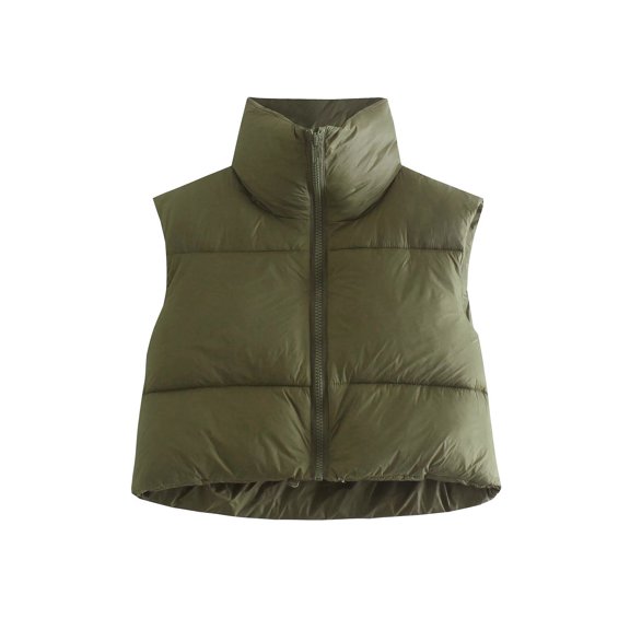 Hotian Women Winter Crop Puffer Vest Jacket Sleeveless Padded Gilet Army Green S