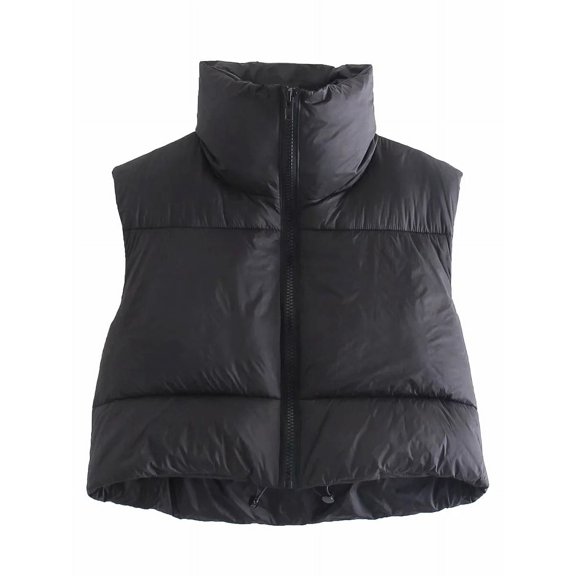Hotian Women Winter Crop Puffer Vest Jacket Sleeveless Padded Gilet Black M
