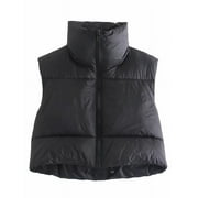 Hotian Women Winter Crop Puffer Vest Jacket Sleeveless Padded Gilet Black S