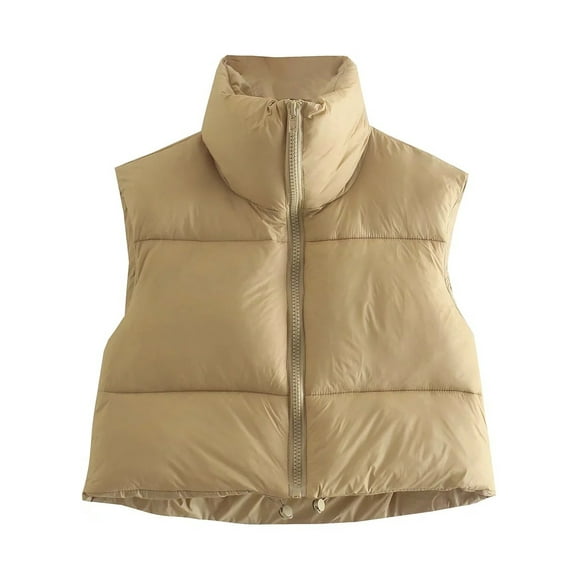 Hotian Women Winter Crop Puffer Vest Jacket Sleeveless Padded Gilet Khaki M