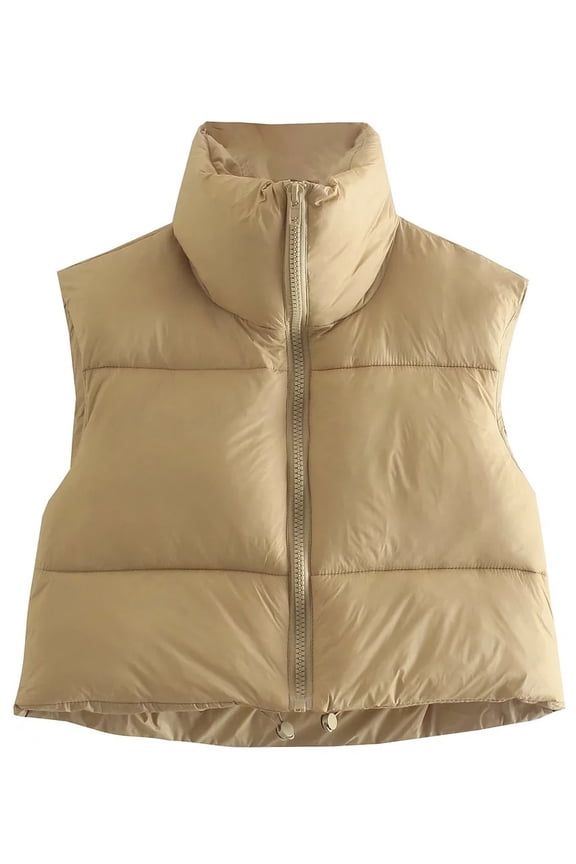 Women Winter Crop Puffer Vest Jacket Sleeveless Padded Gilet Khaki M