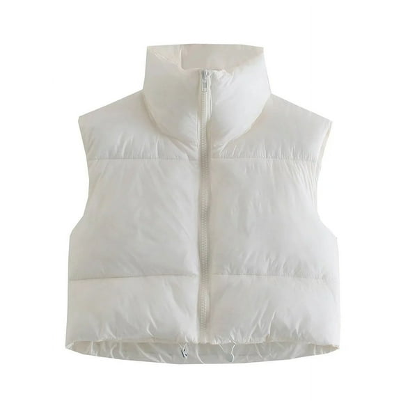 Hotian Women Winter Crop Puffer Vest Jacket Sleeveless Padded Gilet White M