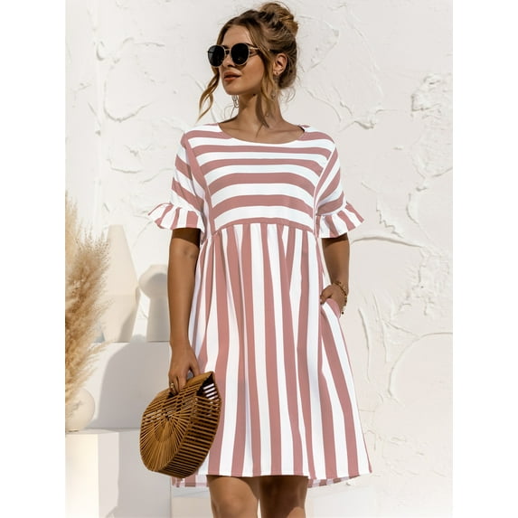 Hotian Women's Casual Striped Smock Dress With Side Pocket Pink XL/US12 (one size smaller)