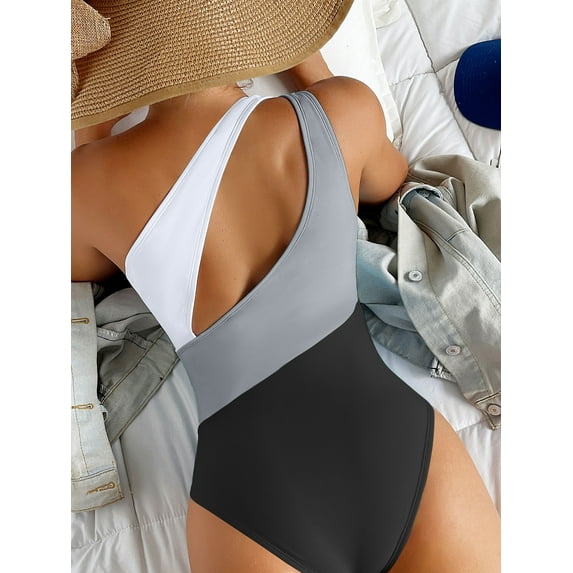 Hotian Women's One Piece Swimsuit Color Block One Shoulder Cut Out Bathing Suit Sexy Beach Swimwear Beachwear Black S