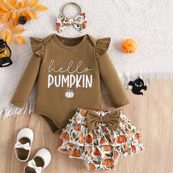 Hotiary 0-18M Infant Toddler Halloween Outfit Girl Long Sleeved Letter Jumpsuit   Pumpkin Print Shorts   Headband Three Piece Set