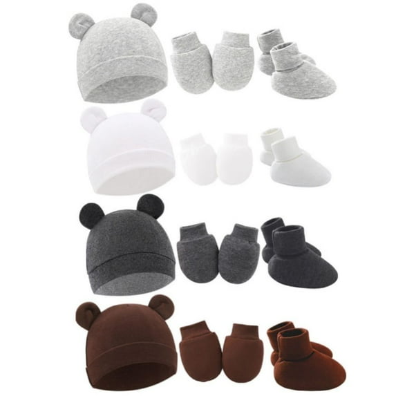 Hotiary 0-6 Months Baby Boys and Girls Hats，Mittens and Foot Cover Set Four Sets Newborn Baby Solid Color Cotton Sets