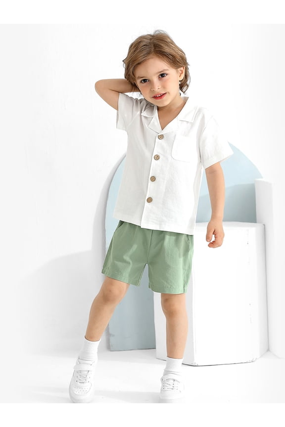 1-5T Toddler Baby Boys 2 Pieces Cotton Linen Set Short Sleeve Button Down Shirt and Shorts Set Summer Outfits