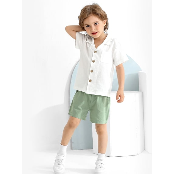 Hotiary 1-5T Toddler Baby Boys 2 Pieces Cotton Linen Set Short Sleeve Button Down Shirt and Shorts Set Summer Outfits