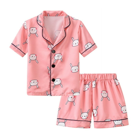 Hotiary 1-6Y Toddler Baby Cartoon Print Silk Nightwear Short Sleeve Button-up Top + Shorts Summer Sleepwear 2Pcs Satin Pajamas Set