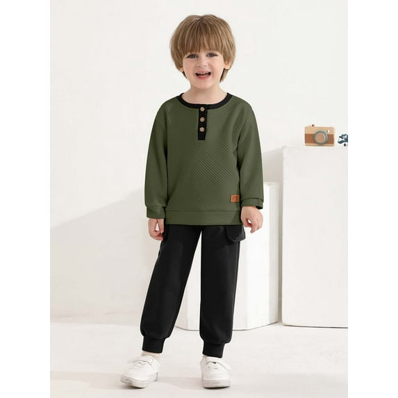Hotiary 1-6Y Toddler Boys 2Pcs Long Pant Outfit Sets Kids Spring Fall Clothes Ribbed Long Sleeve Sweatshirt + Pants Outfits For Daily Wear, Birthday, School, Gift Idea