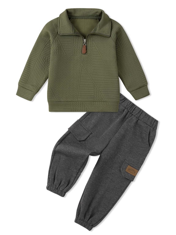 1-6Y Toddler Boys 2Pcs Long Pant Outfit Sets Kids Spring Fall Clothes Ribbed Long Sleeve Sweatshirt + Pants Outfits For Daily Wear, Birthday, School, Gift Idea