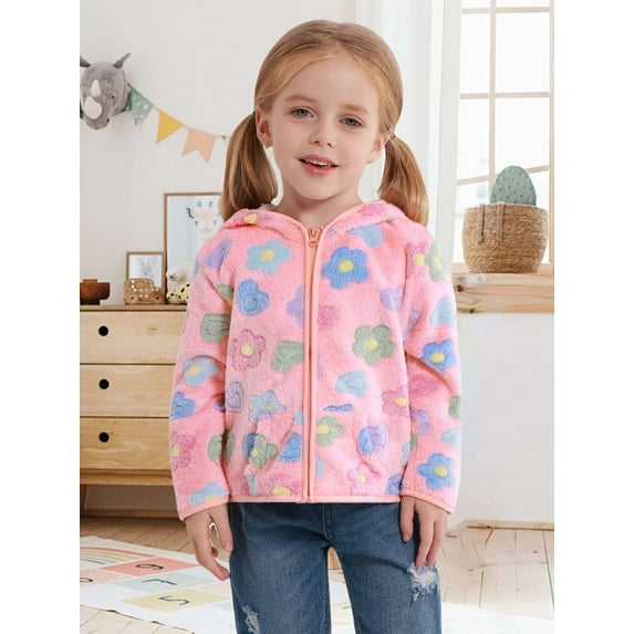 Hotiary 1-7Y Girls Winter Warm Casual Fleece Jacket Top Long Sleeve Zipper Hooded Sweatshirt Holiday Hoodies Coat