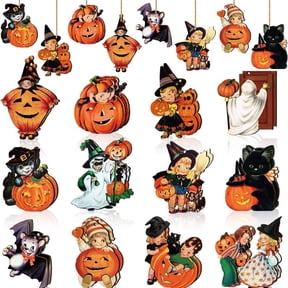 12 Pcs Wooden Halloween Decorations for Tree Pumpkin Wood Cutout Vintage Halloween Ornaments Black Cat Bat Hanging Pendants Retro Halloween Decor for Small Tree Holiday Party Home