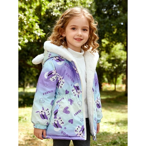 Hotiary 2- 10Y Toddler Little Girls Winter Warm Thickened Fleece Lined Hooded Coat Cartoon Printed Long Sleeve Zipper Jackets Coats Outerwear