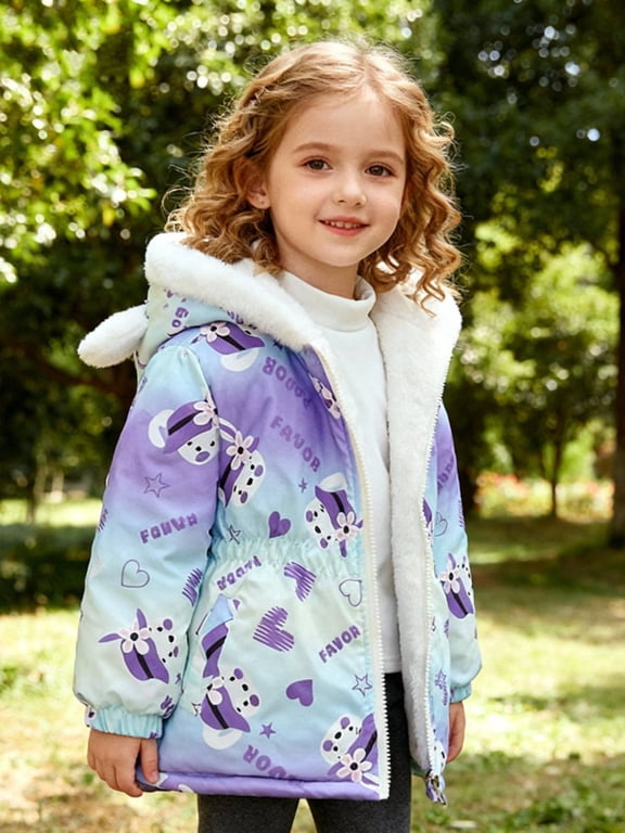 2- 10Y Toddler Little Girls Winter Warm Thickened Fleece Lined Hooded Coat Cartoon Printed Long Sleeve Zipper Jackets Coats Outerwear