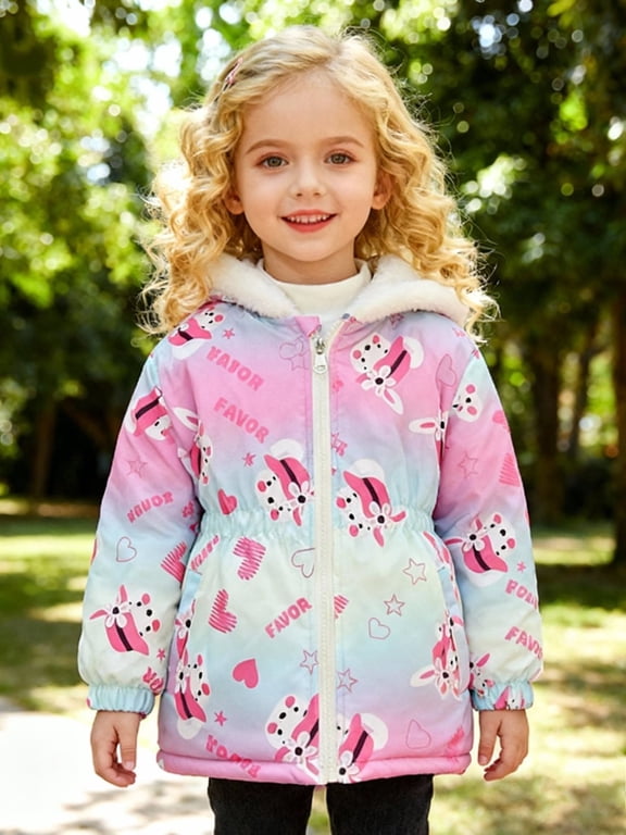 2- 10Y Toddler Little Girls Winter Warm Thickened Fleece Lined Hooded Coat Cartoon Printed Long Sleeve Zipper Jackets Coats Outerwear