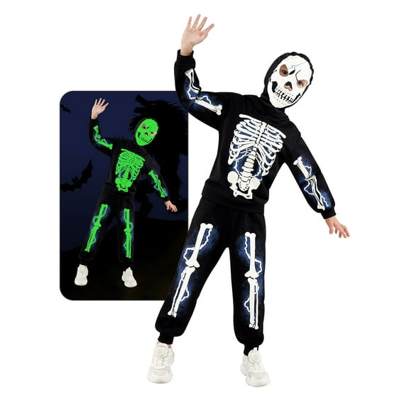 Hotiary 2-6Y Kids Boys Girls Glow In The Dark Halloween Skeleton Costumes Hooded Top Hoodies Pant with Hood