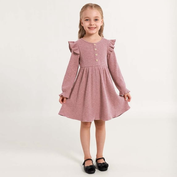 Hotiary 2-7Y Girls Fall Winter Casual Ribbed Knit Dresses Ruffle Long Sleeve Sweater Dress Button Party Holiday Dress