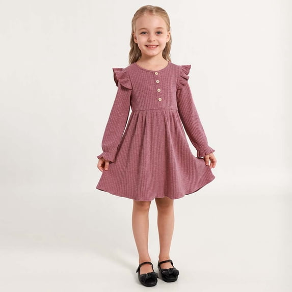 Hotiary 2-7Y Girls Fall Winter Casual Ribbed Knit Dresses Ruffle Long Sleeve Sweater Dress Button Party Holiday Dress