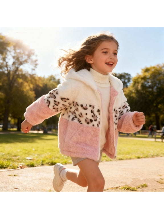 2-8Y Girls Winter Warm Fleece Hooded Jacket Toddler Girl Casual Long Sleeve Zipper Leopard Pattern Fuzzy Jackets Coats Outerwear