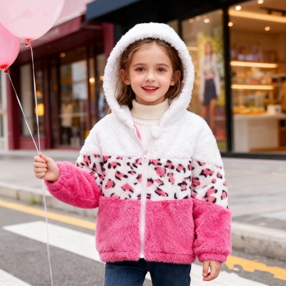 Hotiary 2-8Y Girls Winter Warm Fleece Hooded Jacket Toddler Girl Casual Long Sleeve Zipper Leopard Pattern Fuzzy Jackets Coats Outerwear