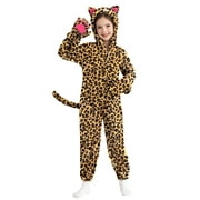 Hotiary 3-10T Kids Halloween Hooded Jumpsuits Cat Costume Girls Boys Animal Cosplay Party Zipper Romper with Gloves