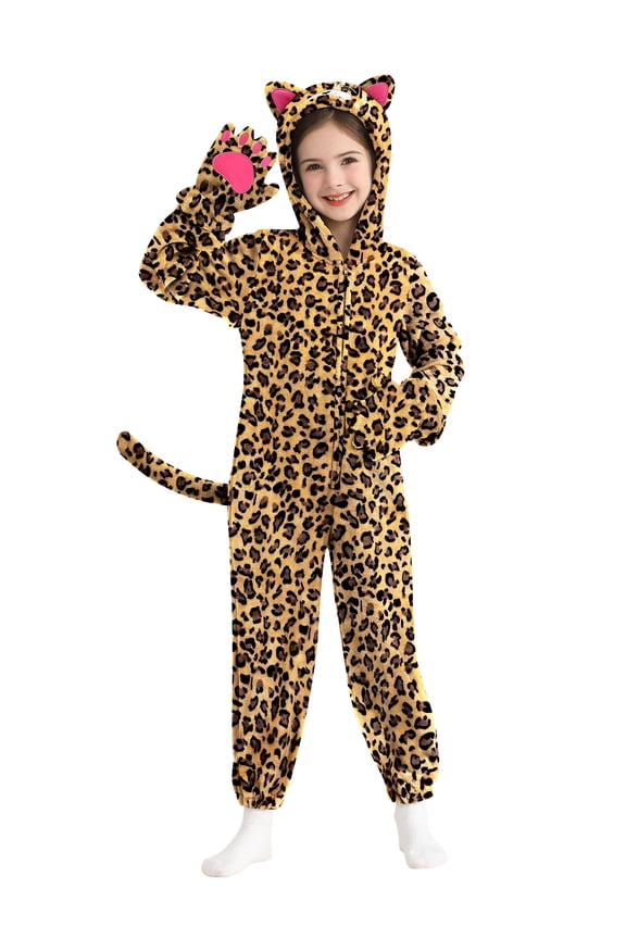 3-10T Kids Halloween Hooded Jumpsuits Cat Costume Girls Boys Animal Cosplay Party Zipper Romper with Gloves