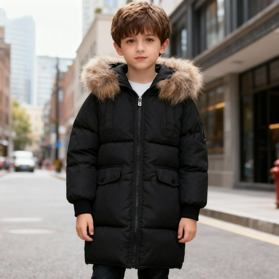 Hotiary 4-12Y Little Girls Boys Winter Warm Coat Long Puffer Down Jacket Windproof Hooded Outwear Thicken Padded Coat Outerwear