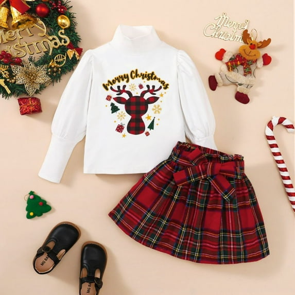 Hotiary 4-7 Years Girls Christmas Outfit Toddler Kids Cute Pattern Long Sleeve High Neck Top and Plaid Skirt Two Piece Set