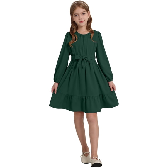 Hotiary 5-14Y Teens Little Girls Long Sleeve Princess Party Dress Casual Solid Color Pleated Dresses For Holiday Birthday Wedding
