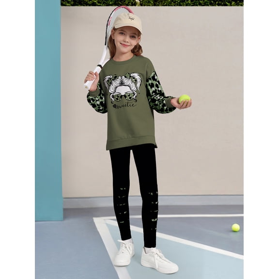 Hotiary 6-14Y Girls Fall Sweatshirt Set Casual Long Sleeve Pullover Legging Pants 2 Piece Sweatsuit Tracksuit