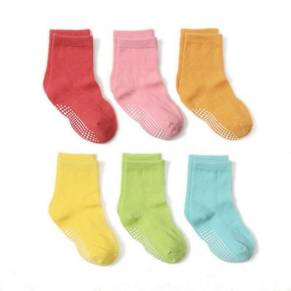 Hotiary 6 Pairs Unisex Toddler Baby Non-Slip Ankle Socks Boys Girls Solid Anti-Skid Grips Socks Kids Sticky Slipper Cotton Crew Socks for 0-7 Years