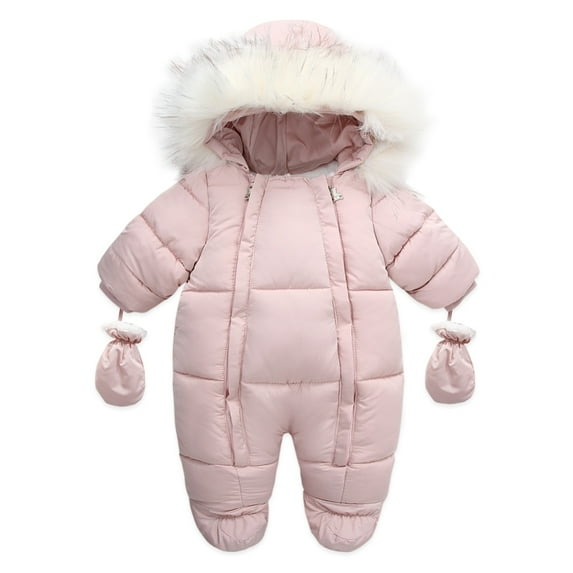 Hotiary 6M-2T Boys and Girls Solid Color Plucked Hooded Jumpsuit +Gloves Two Piece Set,Infant Toddler Winter Casual Outfit
