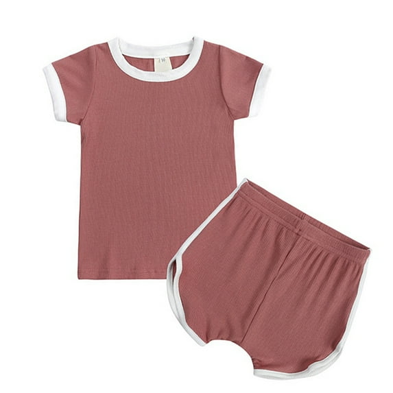 Hotiary Baby Boys Girls Solid Color Tracksuit Outfits Ribbed Knit Short Sleeve Tops T-shirt + Elastic Waistband Shorts Infant Toddler 2-Piece Set for 6 Months-4 Years