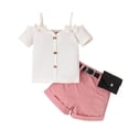 thumbnail image 1 of Hotiary Baby Girl's Suit Solid Color Short Sleeve Suspender Bow Straight Shoulder Button Pit Strip Top + Shorts with Belt 2 Piece Set Infant Toddler for 9 Months-4 Years, 1 of 8