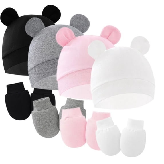 Hotiary Boy Girl Infant Hospital Beanie Newborn Solid Color Hats and Mittens Sets Preemie Cotton Caps for 0-6M Toddler