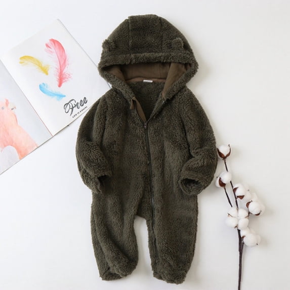 Hotiary Boys and Girls Gloved Hooded Jumpsuits with Two Cute Ears Spring and Autumn Casual Solid Color Flannel Crawling Clothes for 3M-12M Infant