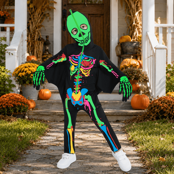 Hotiary Children's Glow in the Dark Holiday Outfits Hooded Jumpsuit Bodysuit + Gloves Set, Size 3-10 Years