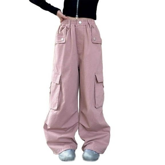 Hotiary Girl Casual Cargo Pant Kids Solid Color Fashion Elastic High Waist Straight Leg Pants with Pockets Pink for 6-16Y