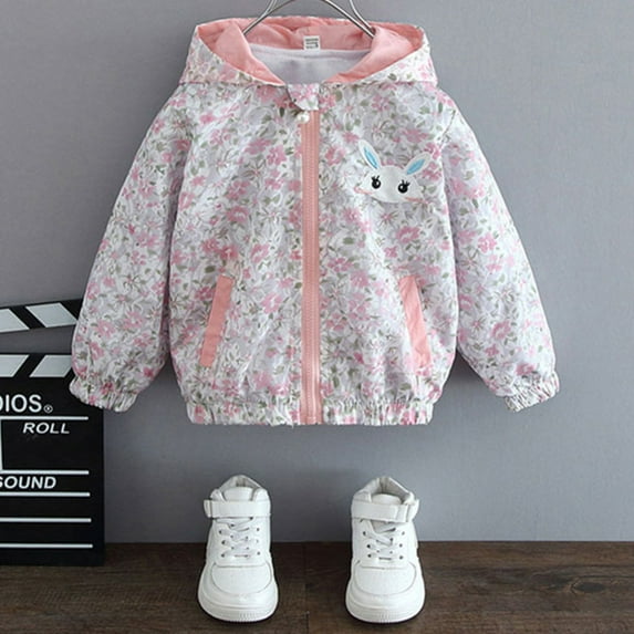 Hotiary Girls’ Cute Rabbit Ears Hooded Jacket Short Rabbit Embroidery and Printing Windbreaker Coat for 9M-7T Toddler Kids