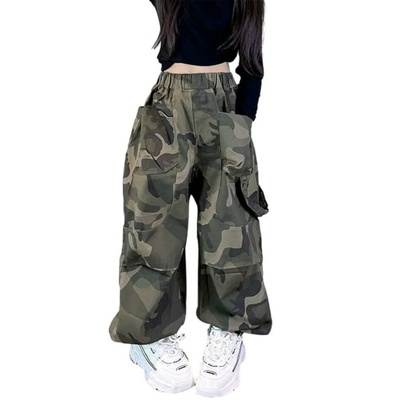 Hotiary Girls Wide-Leg Cargo Pant Kids Casual Elastic High Waist Camouflage Pants with Pockets Green for 6-16Y