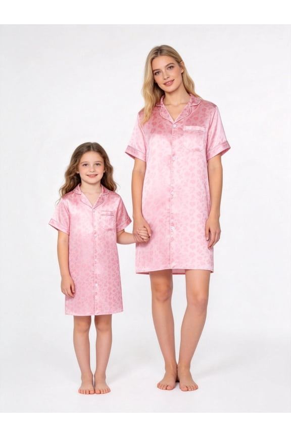 Girls & Women Satin Silk Nightgown Loungewear Short Sleeve Button Down Satin Nightshirt Pajama Sleep Dress, 7 Years-Women XL