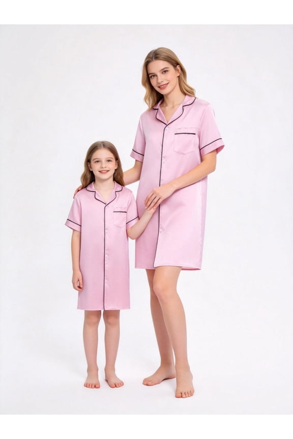 Girls & Women Satin Silk Nightgown Loungewear Short Sleeve Button Down Satin Nightshirt Pajama Sleep Dress, 7 Years-Women XL
