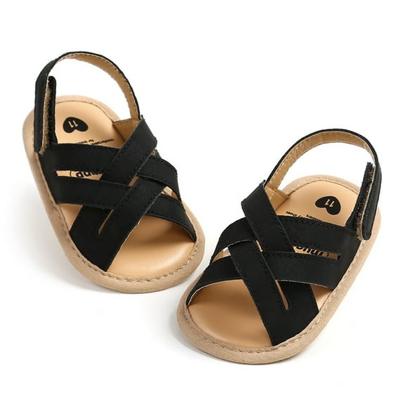 Hotiary Infant Baby Boys Girls PU Leather Soft Open Toe Sandals Toddler Summer Criss Cross Sandals Flower Princess Flat Shoes Black for 0-18M