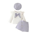 thumbnail image 1 of Hotiary Infant Baby Girl Party Skirt 3Pcs Outfit Toddler Ruffle Long Sleeve Bow Ribbed Shirt Top Mini Skirt with Beret Kids Cute Spring Summer Fall Birthday Clothes for 6M-3T Light Purple, 1 of 6